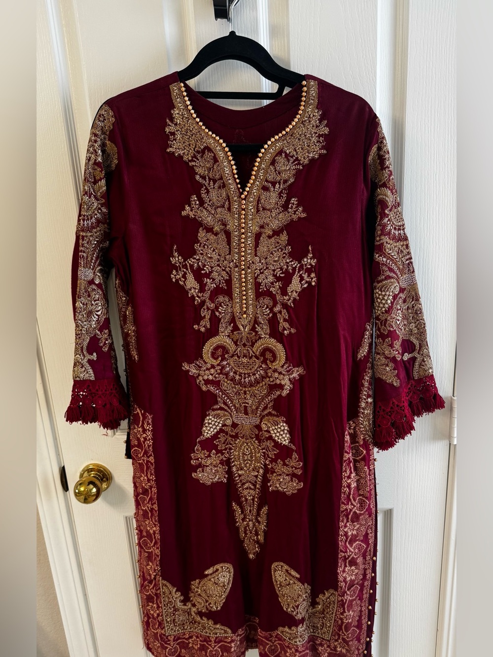 Sana Safinaz Embroidered Maroon Dress Al with gold accents and velvet shawl